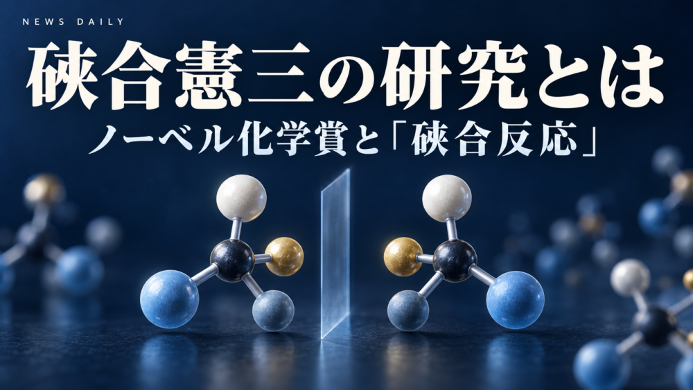 鏡像関係にある分子の模型と、片方の型の偏りが大きくなる様子を描いた硤合反応の解説イメージ。