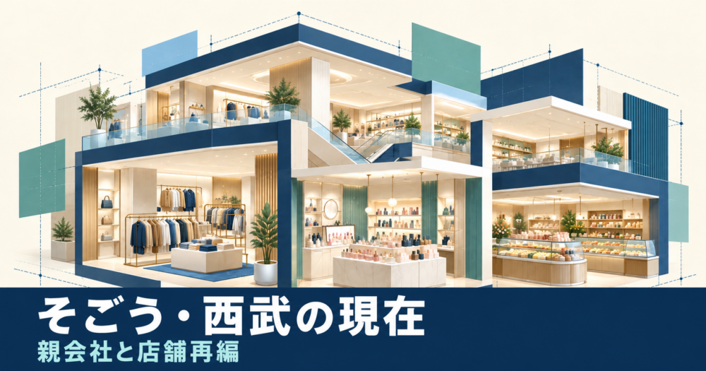 衣料品・化粧品・食品の売場を配置した百貨店の断面と、売場の組み替えを表すイラスト